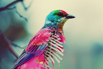 A strikingly colorful bird with patches of visible skeletal structure, set against a soft-focus background, creating a surreal and artful composition.