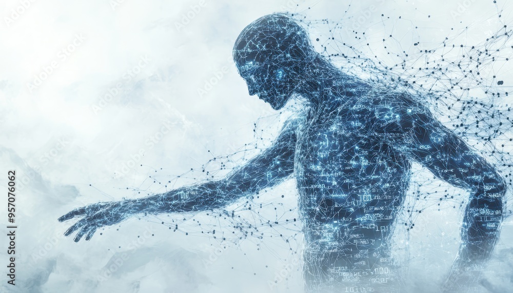 Poster binary flow: futuristic humanoid with transparent body surrounded by digital nodes