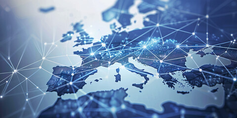 A network diagram of interconnected European businesses, showcasing partnerships, mergers, and acquisitions. Blend of blue and gray colors.