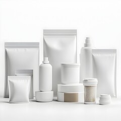 The clean and minimal studio setting showcases a diverse portfolio of packaged goods and industrial materials in a pristine white backdrop