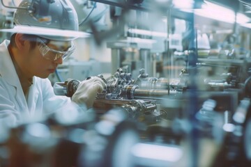 Obraz premium A focused worker in a lab coat and safety goggles operates intricate machinery in a manufacturing laboratory, epitomizing precision and dedication.