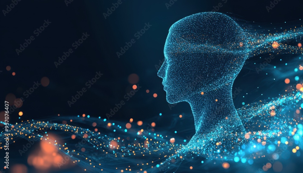 Poster binary dreamscape: abstract digital art with humanoid figure composed of geometric shapes and data s