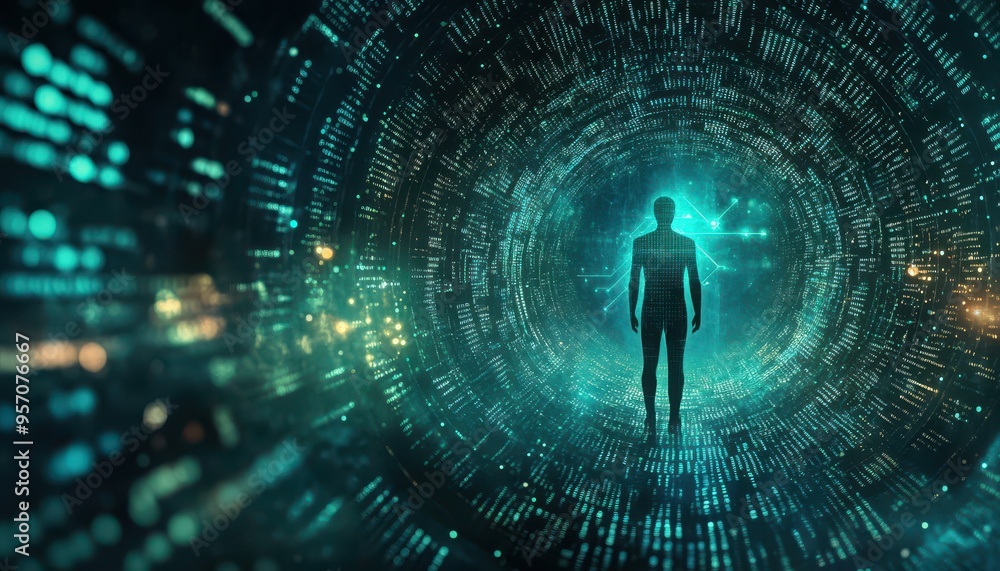 Poster digital evolution: humanoid in binary vortex representing ai innovation