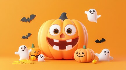 3D cartoon illustration of a cute pumpkin character with a ghost, Halloween elements