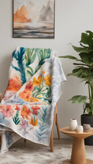 A cozy interior scene featuring a wooden chair with a colorful floral blanket draped over it, next to a small round wooden table with two ceramic cups and a vase. Above the chair hangs an abstract lan