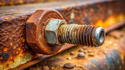 Rusty bolt holds together a worn-out car part, showcasing signs of aging and decay with corrosion and grime accumulating on the metal surface.
