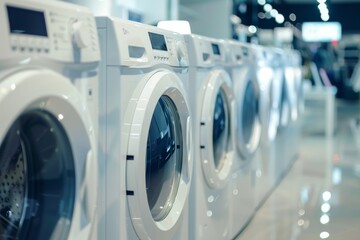 A row of washing machines arranged neatly in a store, reflecting a pristine and modern environment.