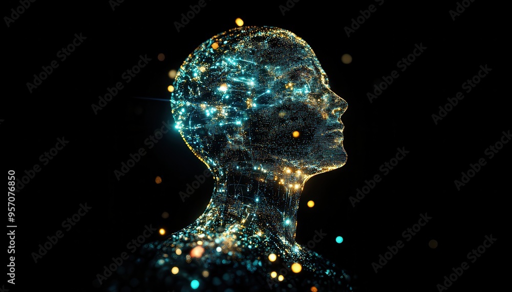 Poster futuristic ai concept: creative humanoid form with binary streams