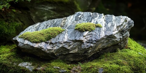 Moss covered rock in a forest setting.