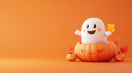 3D cartoon illustration of a cute pumpkin character with a ghost, Halloween elements