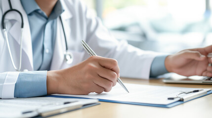 Fototapeta premium Close-up of a doctor's hand as they write on a clipboard, detailing patient information in a medical office