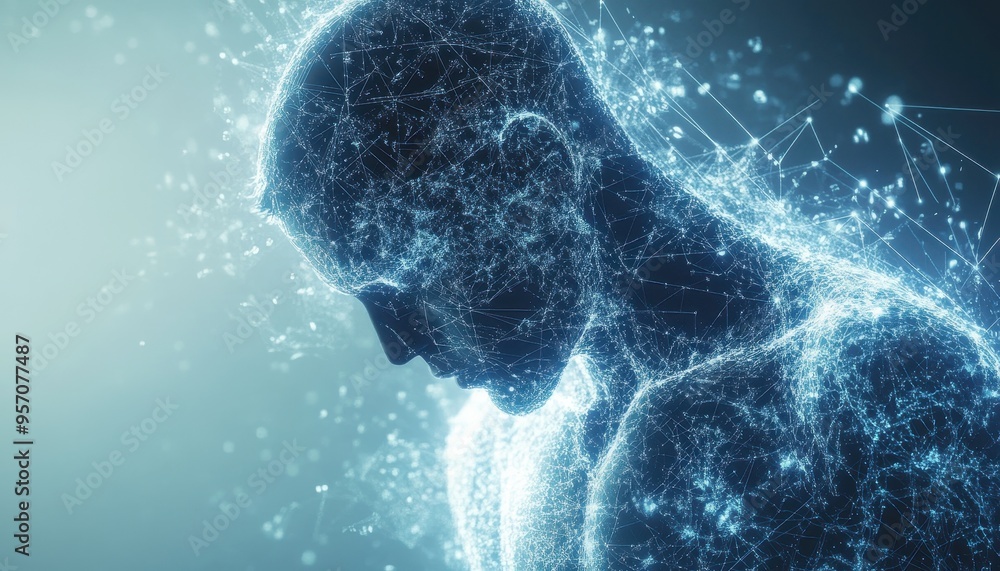 Poster digital humanoid fusion: binary streams and abstract geometric patterns converge