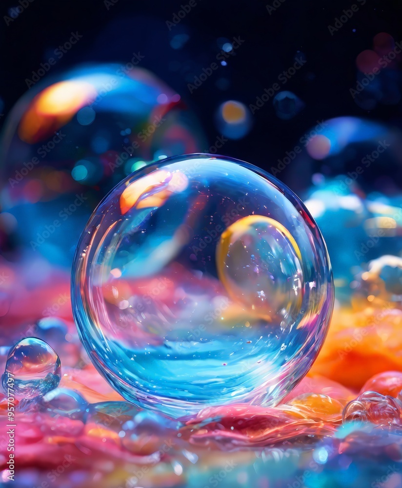 Poster soap bubble floating on colorful surface