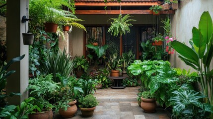 Fototapeta premium Serene Outdoor Patio Oasis Surrounded by Lush Greenery and Blooming Flowers