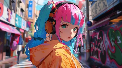 A cute anime girl with pink and blue hair, dressed in colorful streetwear and wearing headphones, embodying a vibrant and trendy urban aesthetic