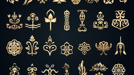 Elegant collection of golden decorative symbols and floral designs on a dark background, perfect for various artistic projects.