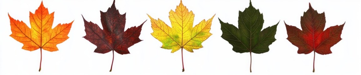 A collection of autumn maple leaves isolated on a white background.