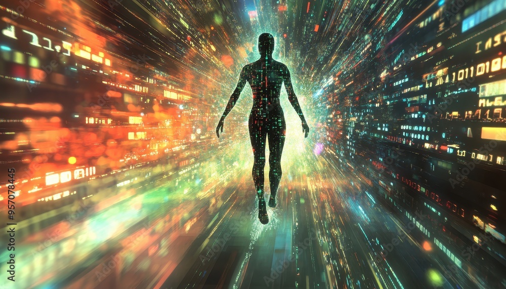 Poster digital cyborg being with binary streams in futuristic surroundings