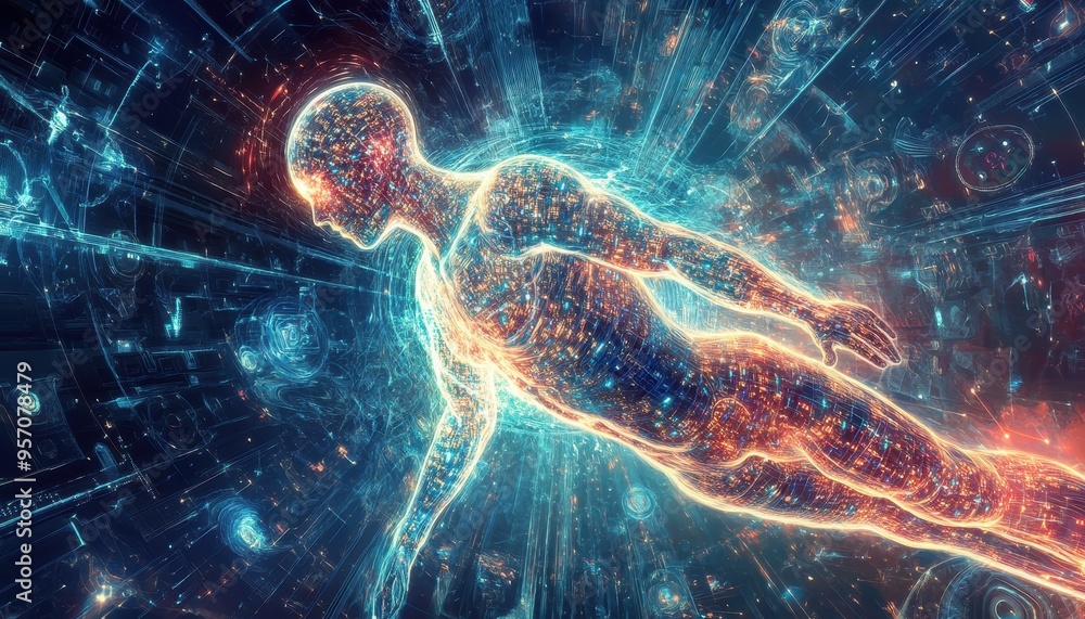 Poster futuristic humanoid embracing binary streams in abstract surroundings