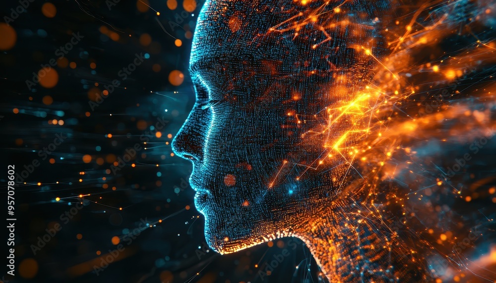 Poster futuristic ai concept with binary streams and geometric elements