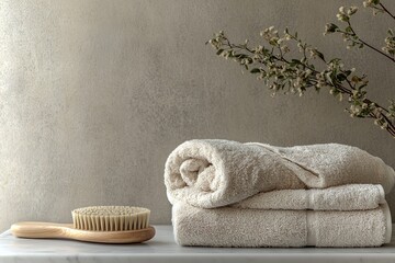 Soft beige towels with brush and plant on shelf