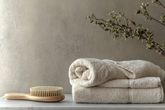 Soft beige towels with brush and plant on shelf