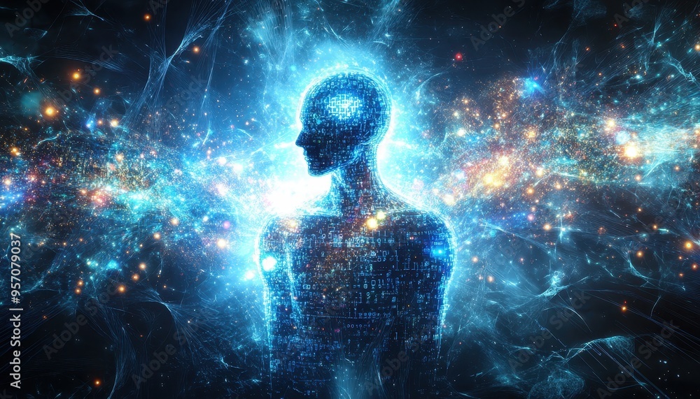 Poster illuminated ai creativity: abstract humanoid figure embraced by glowing binary streams of innovation