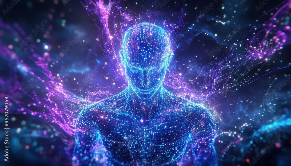 Aufkleber illuminated ai creativity: abstract humanoid with glowing binary streams