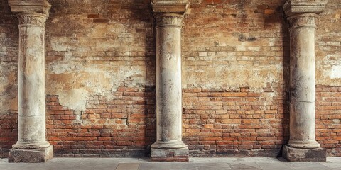 Three stone columns against a weathered brick wall.