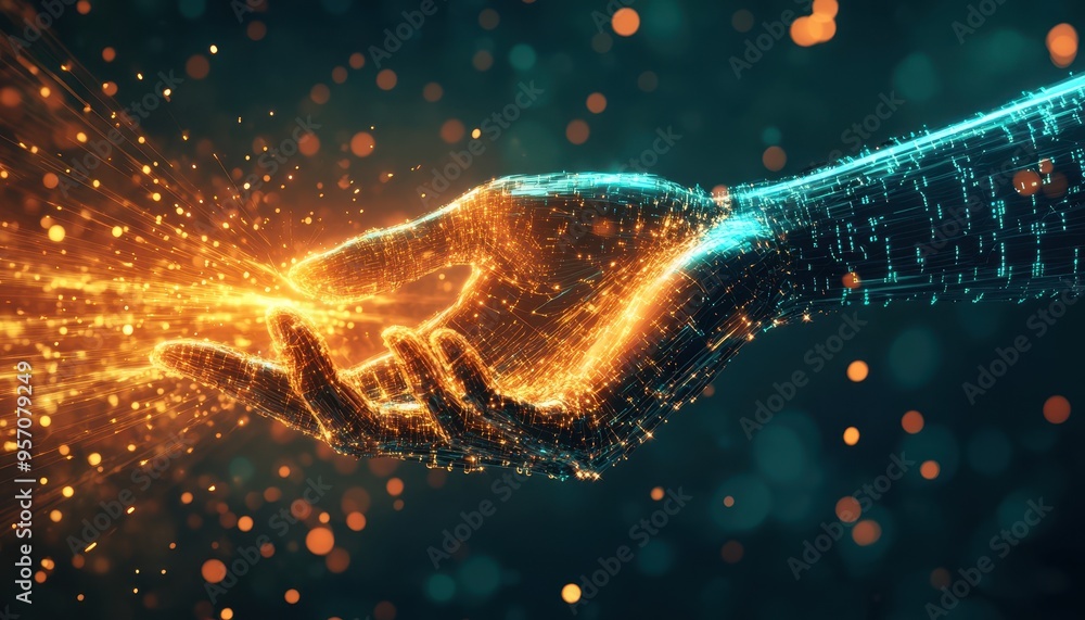Poster technological evolution: futuristic humanoid with binary streams symbolizing ai innovation