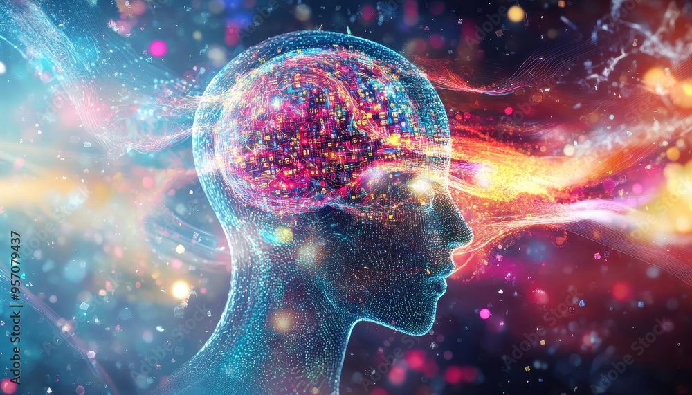 Poster digital brain: humanoid figure amid binary streams and abstract geometric shapes