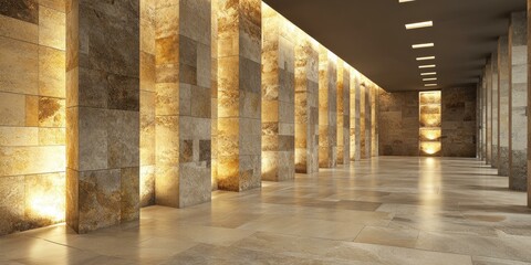 Stone hallway with illuminated columns and tiled floor.
