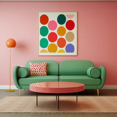 Green Sofa Pink Wall Abstract Art Living Room Interior Design