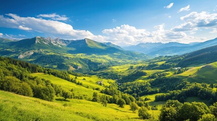 Naklejka premium Serene Mountain Landscape: A Picturesque View of Lush Green Valleys and Forests under Clear Blue Skies
