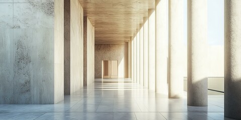 Modern architecture with pillars and a smooth floor.