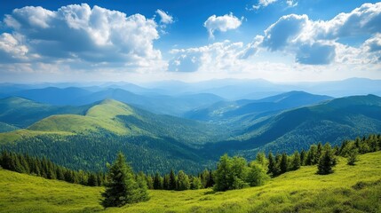 Obraz premium Majestic Mountain Landscape with Lush Green Valleys and Forests Beneath Clear Blue Skies