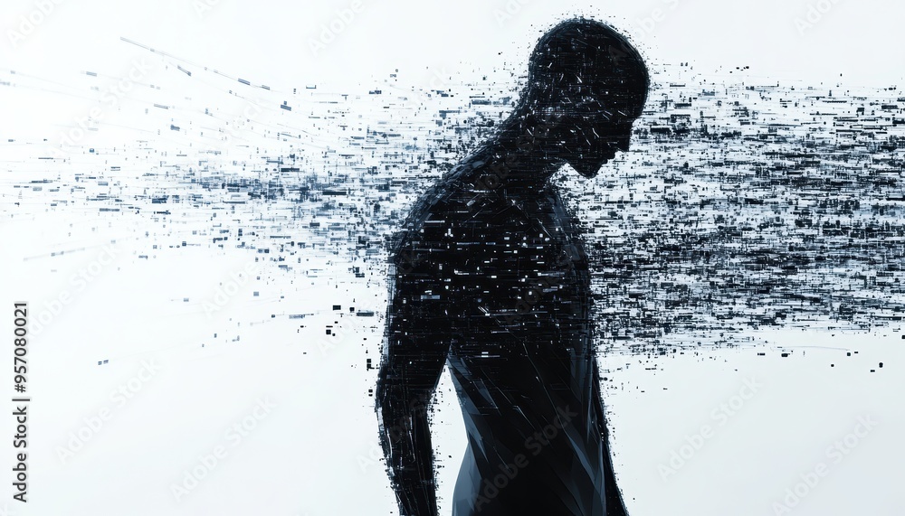 Poster futuristic humanoid form emitting binary streams symbolizing digital concepts