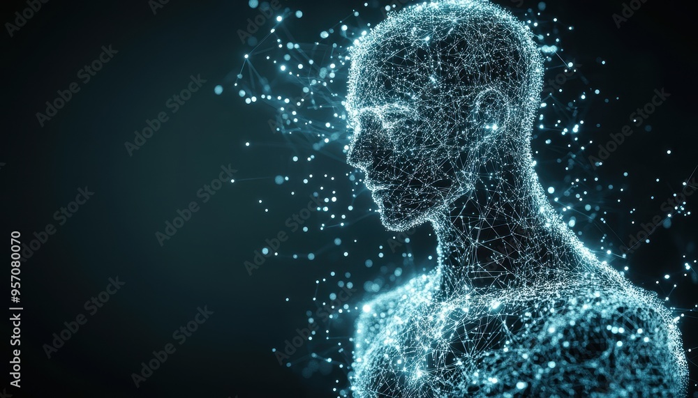 Poster digital evolution: futuristic humanoid form with binary streams - abstract concept of technology and