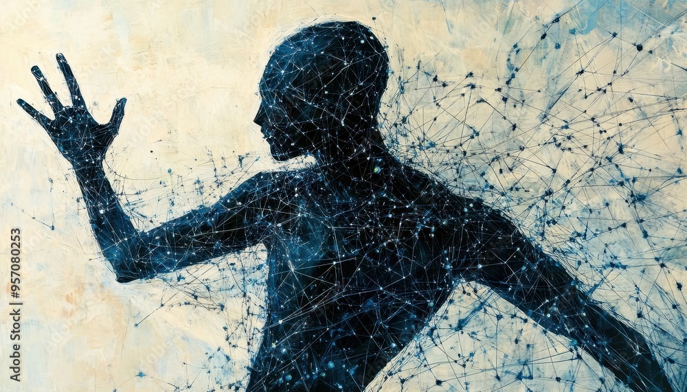 Poster digital fusion: abstract ai creativity with binary streams and geometric shapes