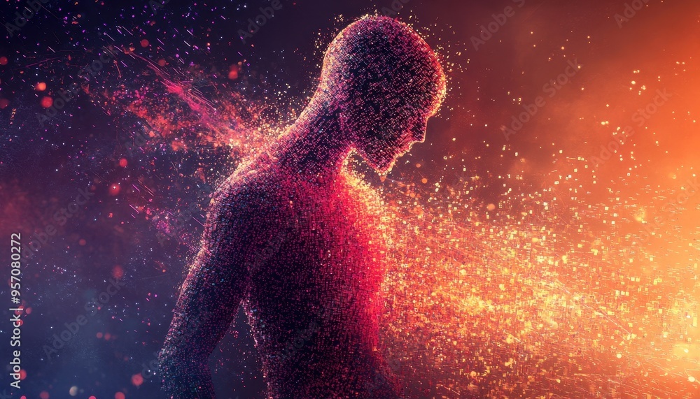 Poster digital innovator: abstract ai figure of binary streams and geometric shapes