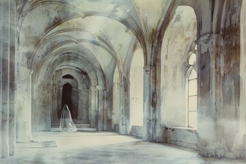 Obraz premium A lone figure in a flowing white gown stands in the center of an ancient, light-filled, arched ruin, evoking a sense of mystery and timeless elegance.