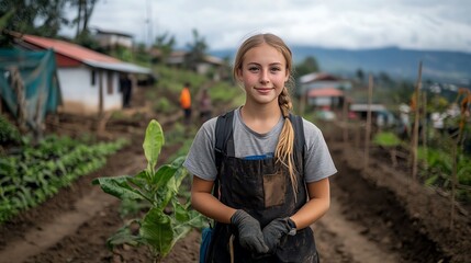 An image of a young person volunteering in a rural village abroad, symbolizing the role of global citizens in supporting underserved communities, global citizenship, volunteerism