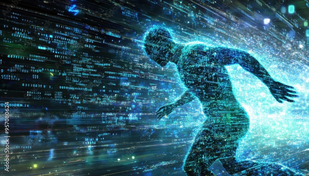 Poster digital cyborg: humanoid figure with binary streams in transparent body