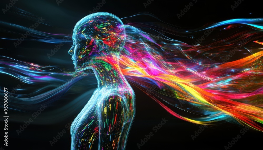 Poster digital creativity unleashed: ai personified in binary streams
