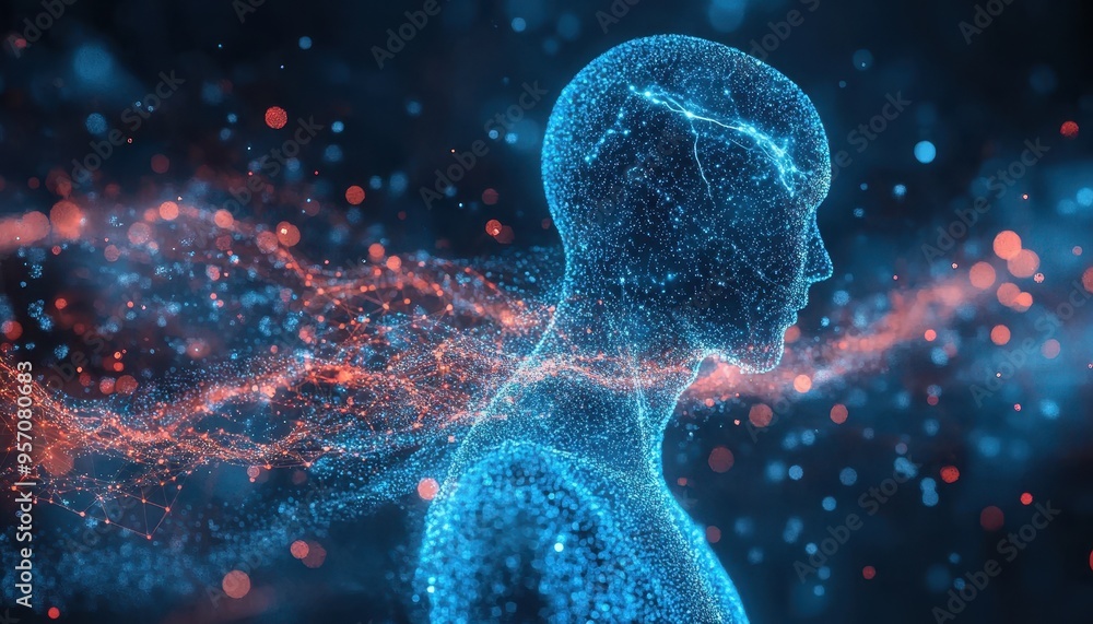 Aufkleber digitally enhanced creativity: ai humanoid figure entwined with binary streams