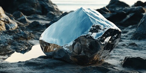 Obraz premium Reflective rock on a rocky shoreline.