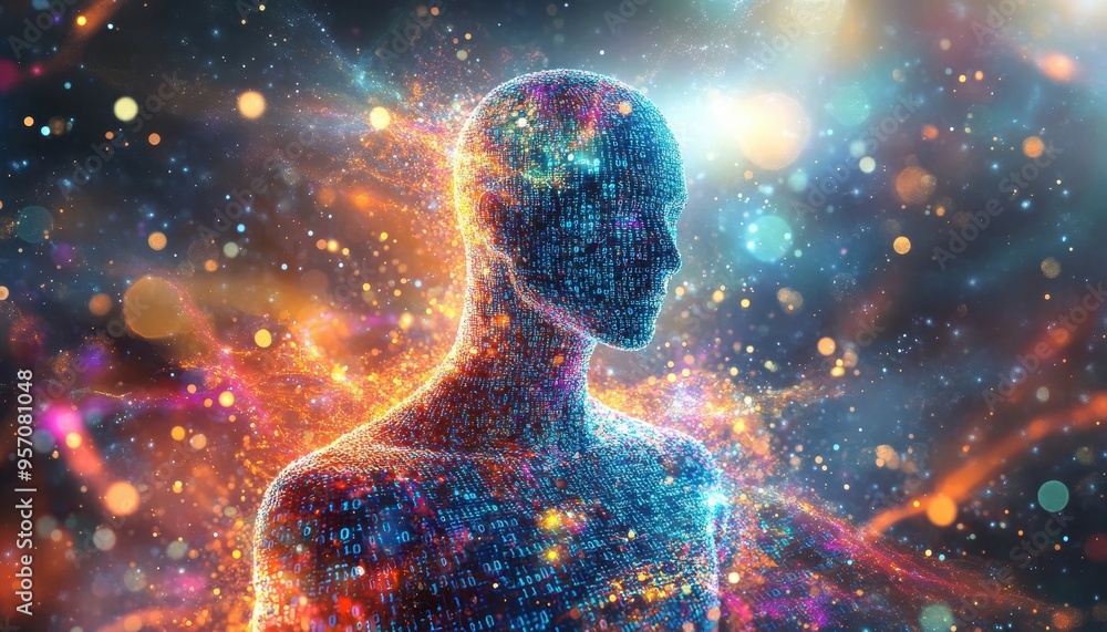 Poster digital essence: abstract humanoid figure enveloped by swirling binary code in futuristic concept of