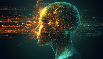 Obraz premium Futuristic AI Integration: Humanoid Form with Glowing Patterns and Binary Streams