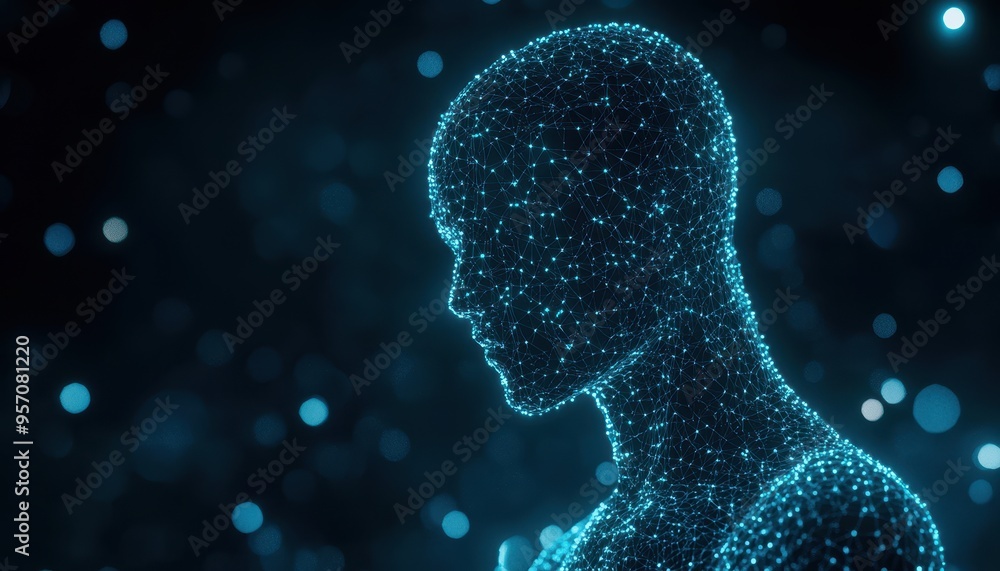 Poster digital creativity personified: futuristic ai humanoid with binary streams body and abstract pattern