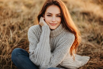 Fashion photo of beautiful young woman in brown sweater and jeans in autumn field landscape. Fashion lookbook.